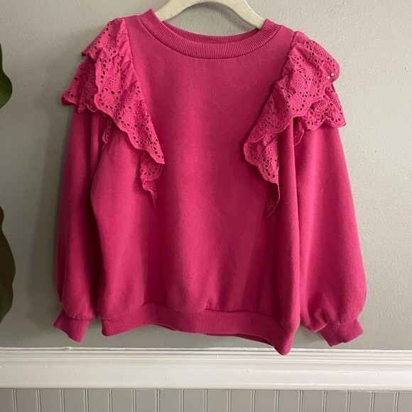 H&M Girls Eyelet Ruffle Hot Pink Sweatshirt 5/6 - Picture 3 of 7